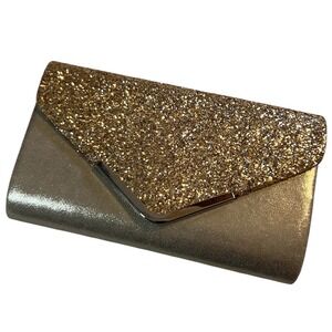 Gold Glitter Metallic Envelope Clutch Purse Evening Bag with Chain Strap
